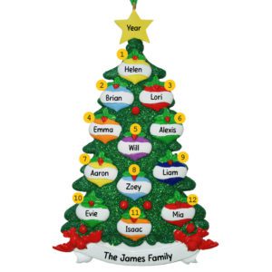 Personalized Green GLITTERED Tree With 12 Colorful Decorations Ornament