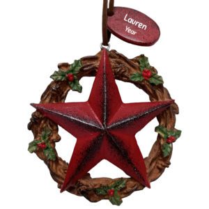 Personalized Rustic Red Star In Barbwire Wreath Ornament