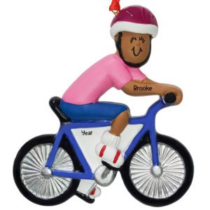 Personalized FEMALE Riding on Blue Bike Ornament AFRICAN AMERICAN