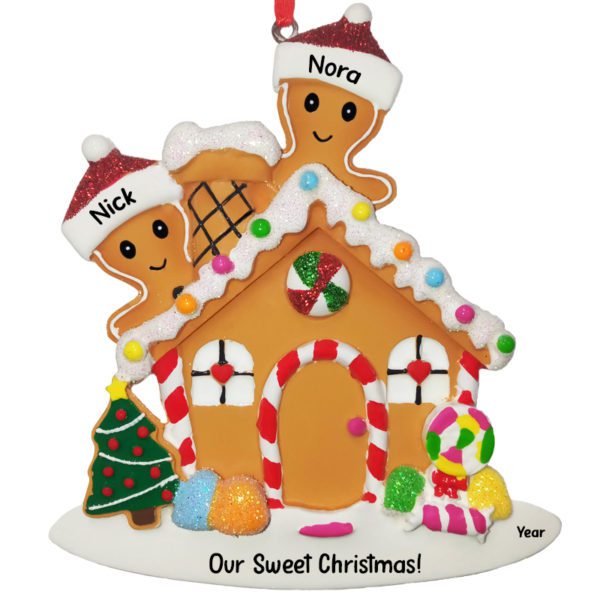 Personalized Cute Gingerbread Couple Glittered House Ornament