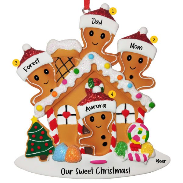 Personalized Gingerbread Family Of 4 Glittered House Ornament