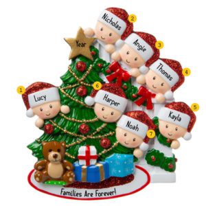 Image of Personalized Family Of 7 Peeking Around Christmas Tree Glittered Ornament