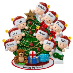 Family Of 9 Peeking Around Tree And Presents Glittered Ornament