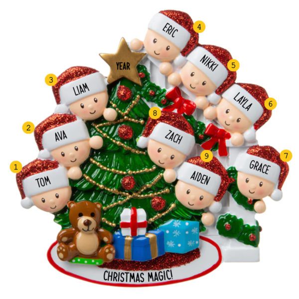 Personalized Family Of 9 Peeking Around Tree Glittered Ornament