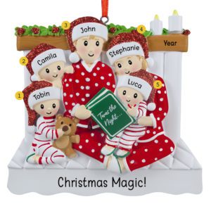 Image of Personalized Family Of 5 Reading Book On Bed Christmas Mantle Ornament
