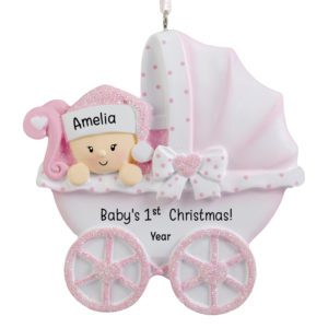 Baby GIRL'S 1st Christmas Polka Dotted Carriage Glittered Ornament PINK