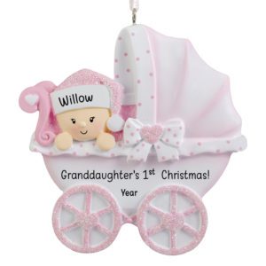 Granddaughter's 1st Christmas Polka Dotted Carriage Glittered Ornament PINK