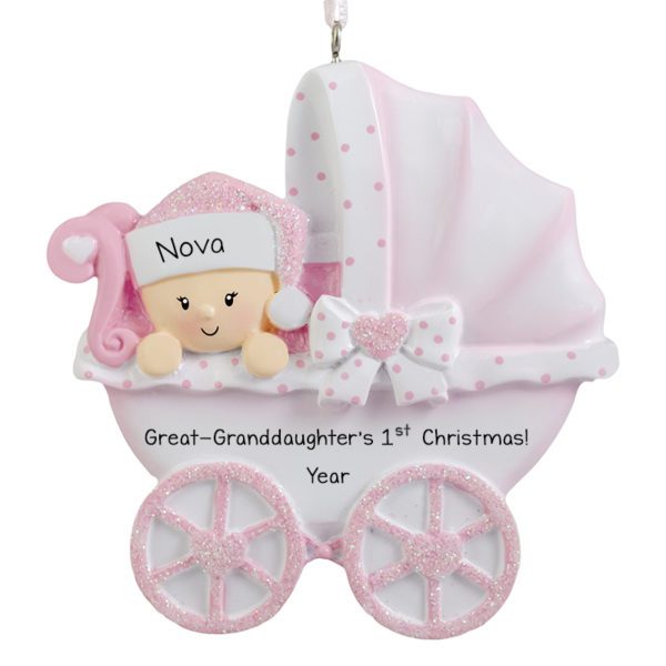 Great-Granddaughter's 1st Christmas Polka Dotted Carriage Glittered Ornament PINK