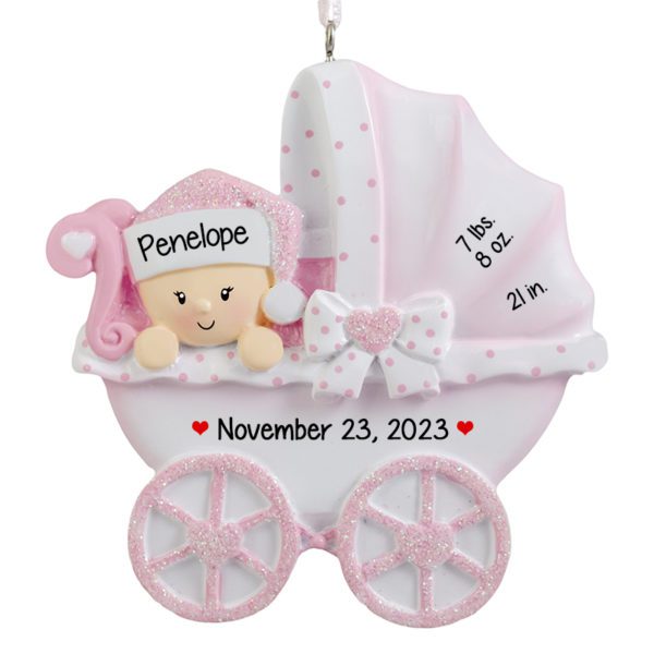 Baby GIRL With Birth Stats Polka Dotted Carriage Glittered Ornament PINK