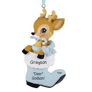 Personalized BOY Deer GODSON In BLUE Boot Ornament