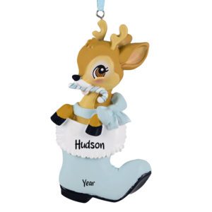 Personalized Little BOY Deer In BLUE Boot Ornament