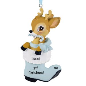 Personalized Baby BOY Deer In BLUE Boot 2nd Christmas Ornament