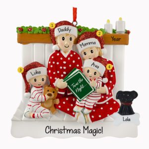 Family Of 4 Reading In Bed With Pet Glittered Caps Ornament