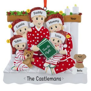 Family Of 5 Reading Book On Bed With Pet Christmas Mantle Ornament