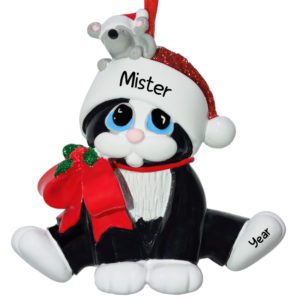 Personalized BLACK Cat With Glittered Hat And Mouse Ornament