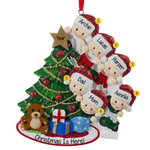 Image of Personalized Family Of 6 Peeking Around Christmas Tree Glittered Ornament