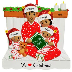 Family Of 4 Reading Book On Bed Wearing Glittered Caps Ornament AFRICAN AMERICAN