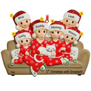 Personalized Family Of 6 On Couch With WHITE Cat Ornament