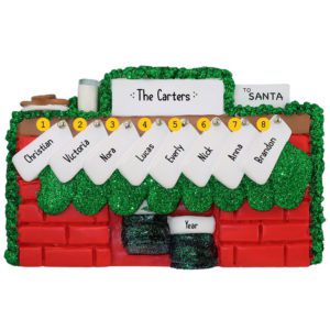 Personalized Family Of 8 Fireplace And Green Glittered Stockings Ornament