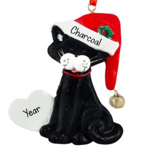 BLACK Cat Wearing Santa Hat With Bell Personalized Ornament