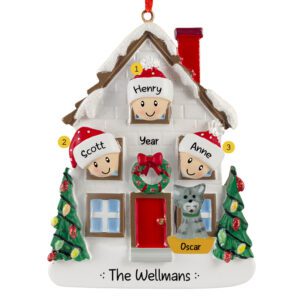 Personalized Family Of 3 With Cat Christmasy House Ornament