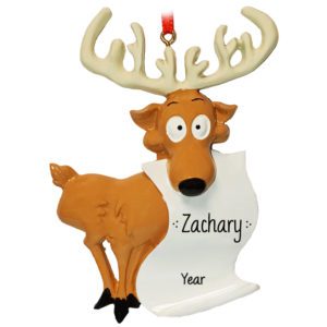 Reindeer With Antlers Holding Scroll Personalized Ornament