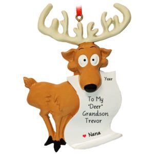 Image of Reindeer With Antlers GRANDSON Holding Scroll Personalized Ornament