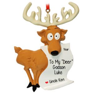 Image of Reindeer With Antlers GODSON Holding Scroll Personalized Ornament