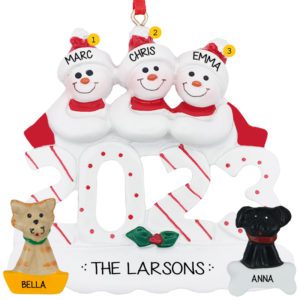 2023 Snow Family Of 3 With CAT and DOG Personalized Ornament