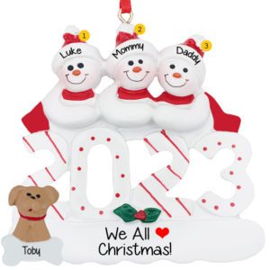 Personalized 2023 Snow Family Of 3 With DOG Ornament