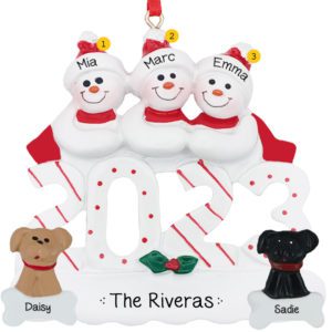 Personalized 2023 Snow Family Of 3 With 2 DOGS Ornament