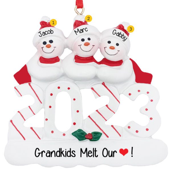 Image of Personalized 2023 Three Grandkids Snowmen Ornament
