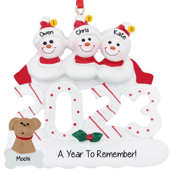 Image of 2023 A Year To Remember Snow Family Of 3 With DOG Ornament