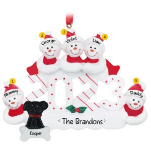 Personalized 2023 Snow Family Of 5 And DOG Ornament