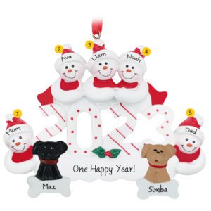Personalized 2023 Snow Family Of 5 And 2 DOGS Ornament