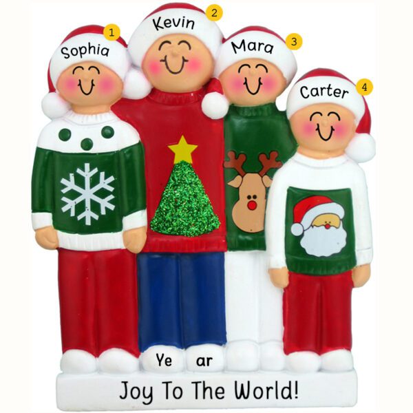 Personalized Family of 4 Wearing Ugly Christmas Sweaters Ornament