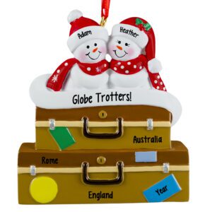Personalized Globe Trotting Snow Couple On Suitcases Ornament