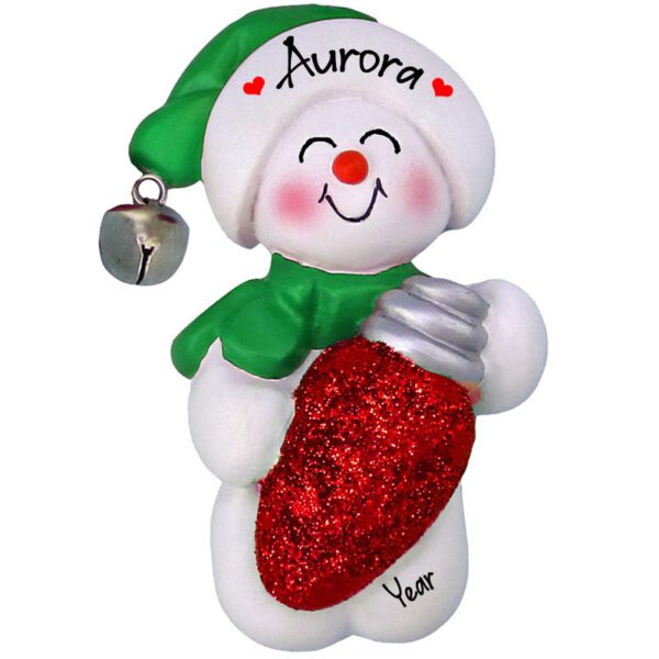 Personalized Snow Girl Holding Red Glittered Bulb Ornament