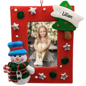 Image of Personalized Snowman With Tree Claydough Picture Frame Ornament
