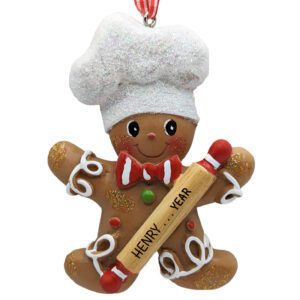 Image of Personalized Gingerbread BOY Wearing Chef's Hat Glittered Ornament