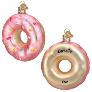 Image of Personalized PINK Glazed Donut With Sprinkles Glittered Glass 3-D Ornament