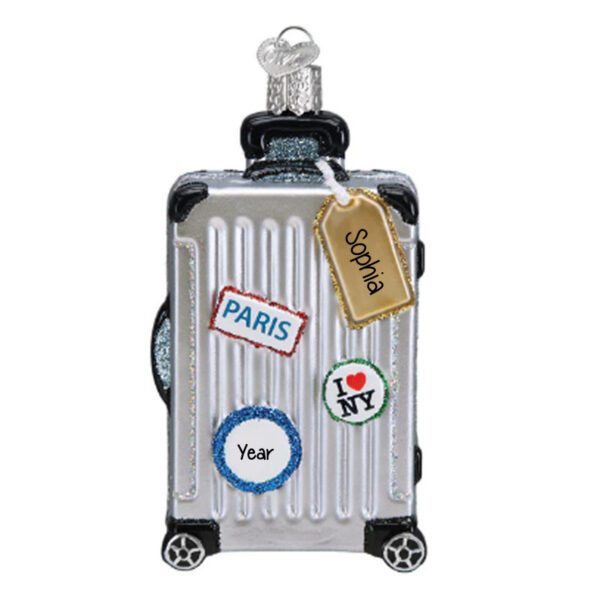 Personalized Silver Rolling Suitcase 3-D Glittered Glass Ornament