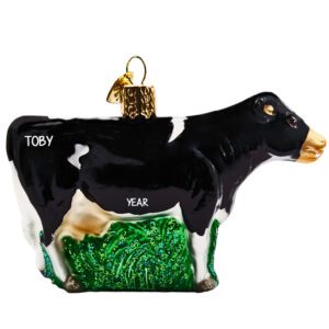 Personalized Black Dairy Cow Glittered Glass 3-D Ornament