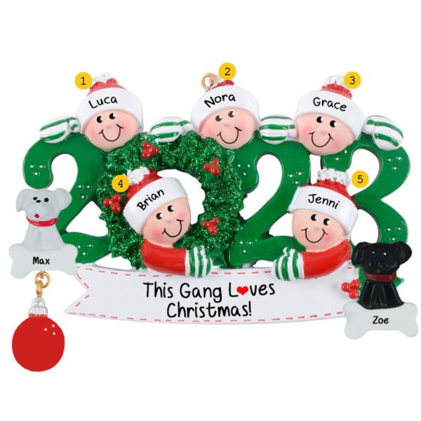 Personalized 2023 Family Of 5 With 2 Pets Glittered Wreath Ornament