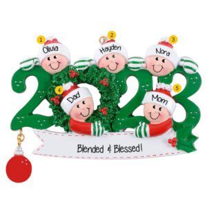 Personalized 2023 Family Of 5 GREEN Glittered Wreath Ornament
