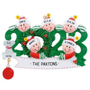 Image of Personalized 2023 Family Of 5 With Pet Glittered Wreath Ornament