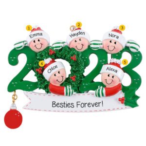 Personalized 2023 5 Best Friends GREEN Glittered Wreath Ornament