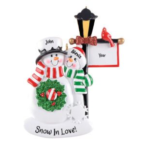 Snowmen Couple In Love Holiday Lamp Post Ornament