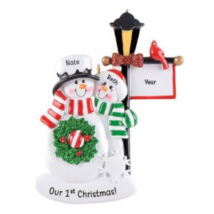 Snowmen Couple's 1st Christmas Holiday Lamp Post Ornament