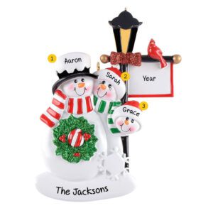 Image of Snowmen Family Of 3 Holiday Lamp Post Personalized Ornament